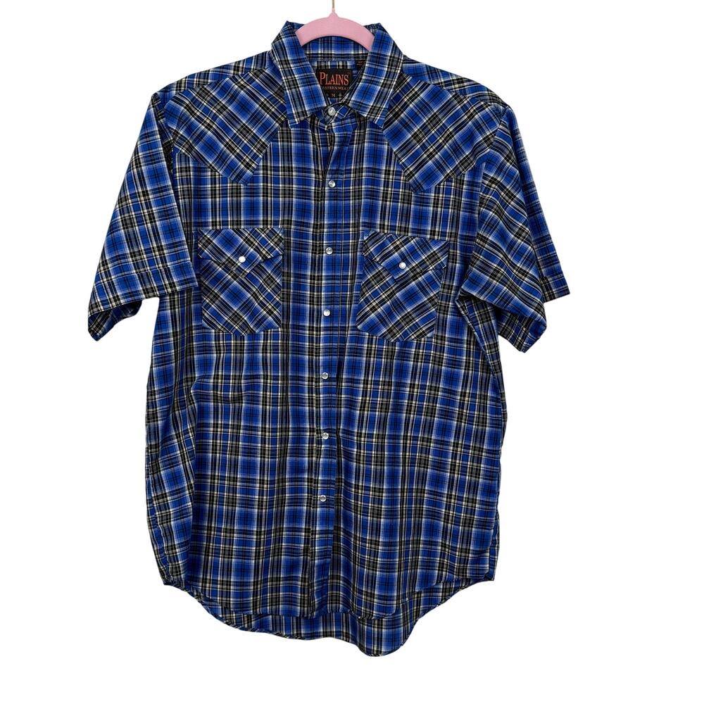 Plains Western Wear Blue Plaid Pearl Snap Shirt Men’s M  Cowboy Rodeo Y2K